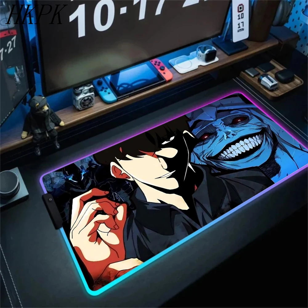 RGB Gaming Solo Leveling Mouse Pad Led Large Cool Mousepad Keyboard Carpet Xxl Game Rubber No-slip LED Mouse Mat With Backlight