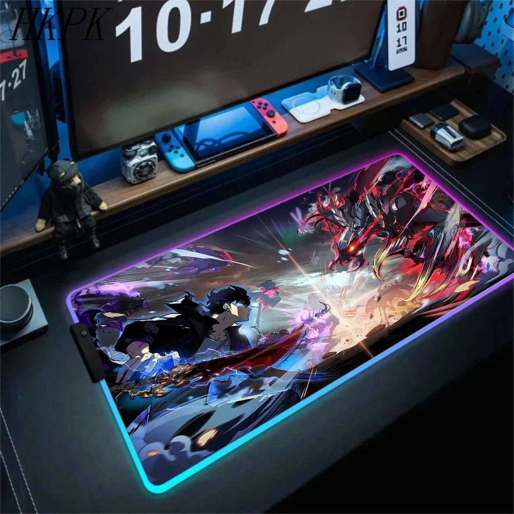 RGB Gaming Solo Leveling Mouse Pad Led Large Cool Mousepad Keyboard Carpet Xxl Game Rubber No-slip LED Mouse Mat With Backlight