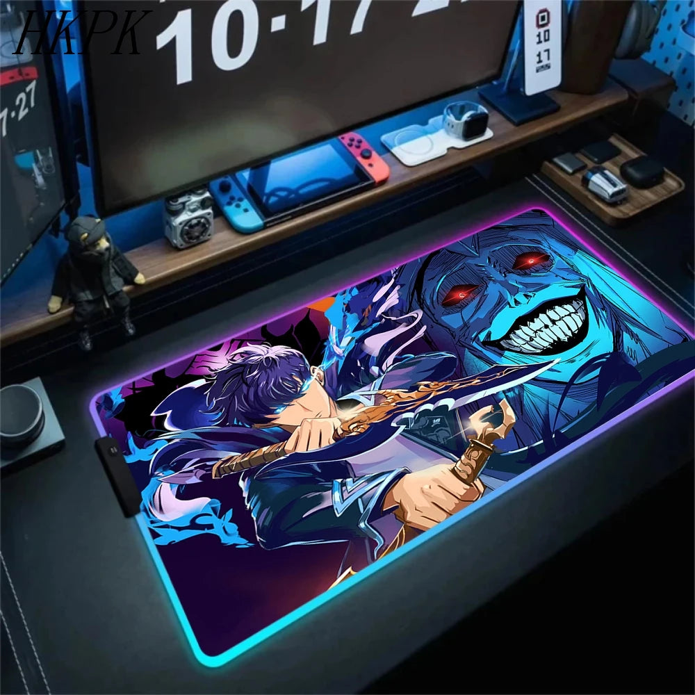 RGB Gaming Solo Leveling Mouse Pad Led Large Cool Mousepad Keyboard Carpet Xxl Game Rubber No-slip LED Mouse Mat With Backlight