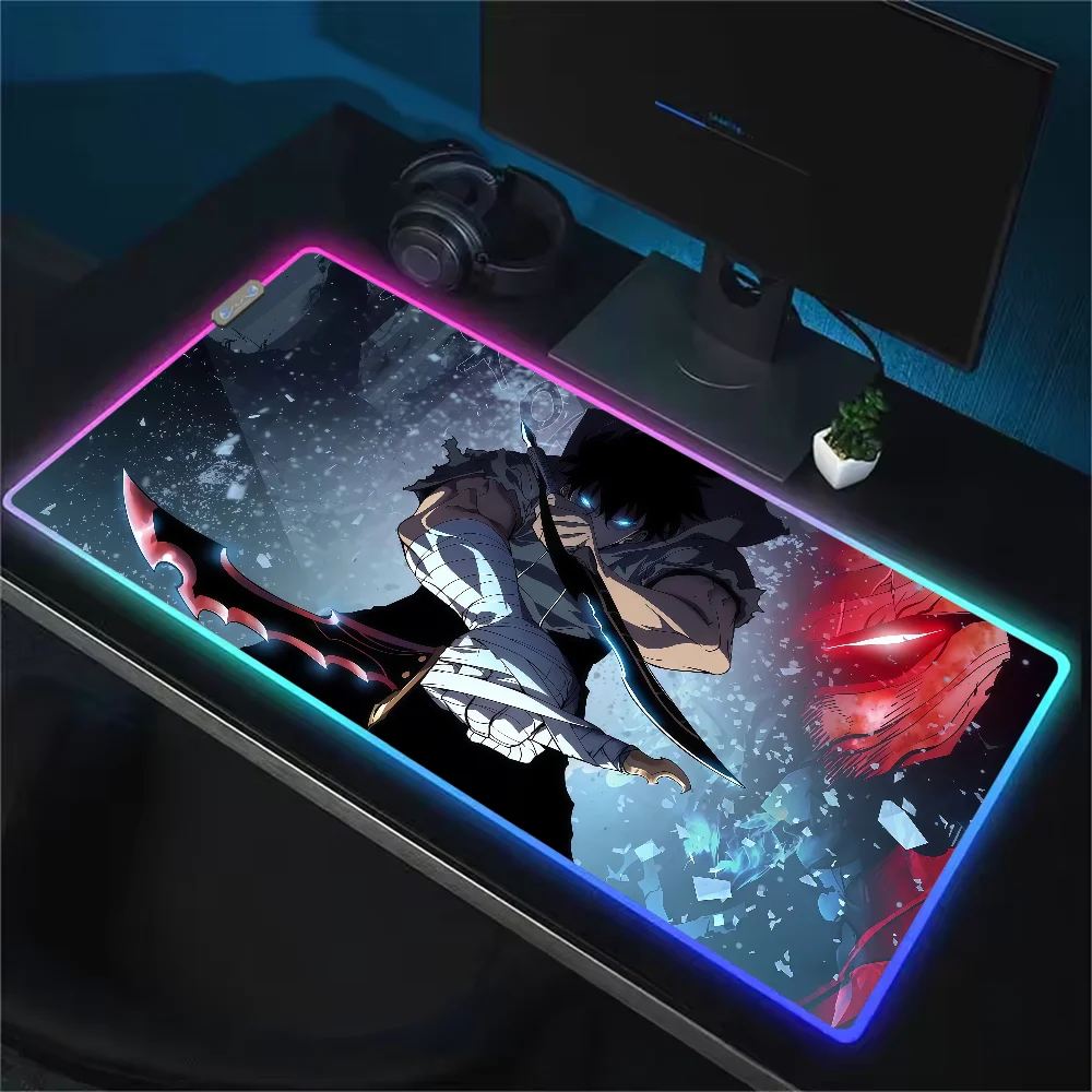 Solo L-Leveling Anime Jin woo Mouse Pad RGB LED Light Non-Slip Rubber Base Waterproof PC Home Best Price Desk-Mat USB Large Game