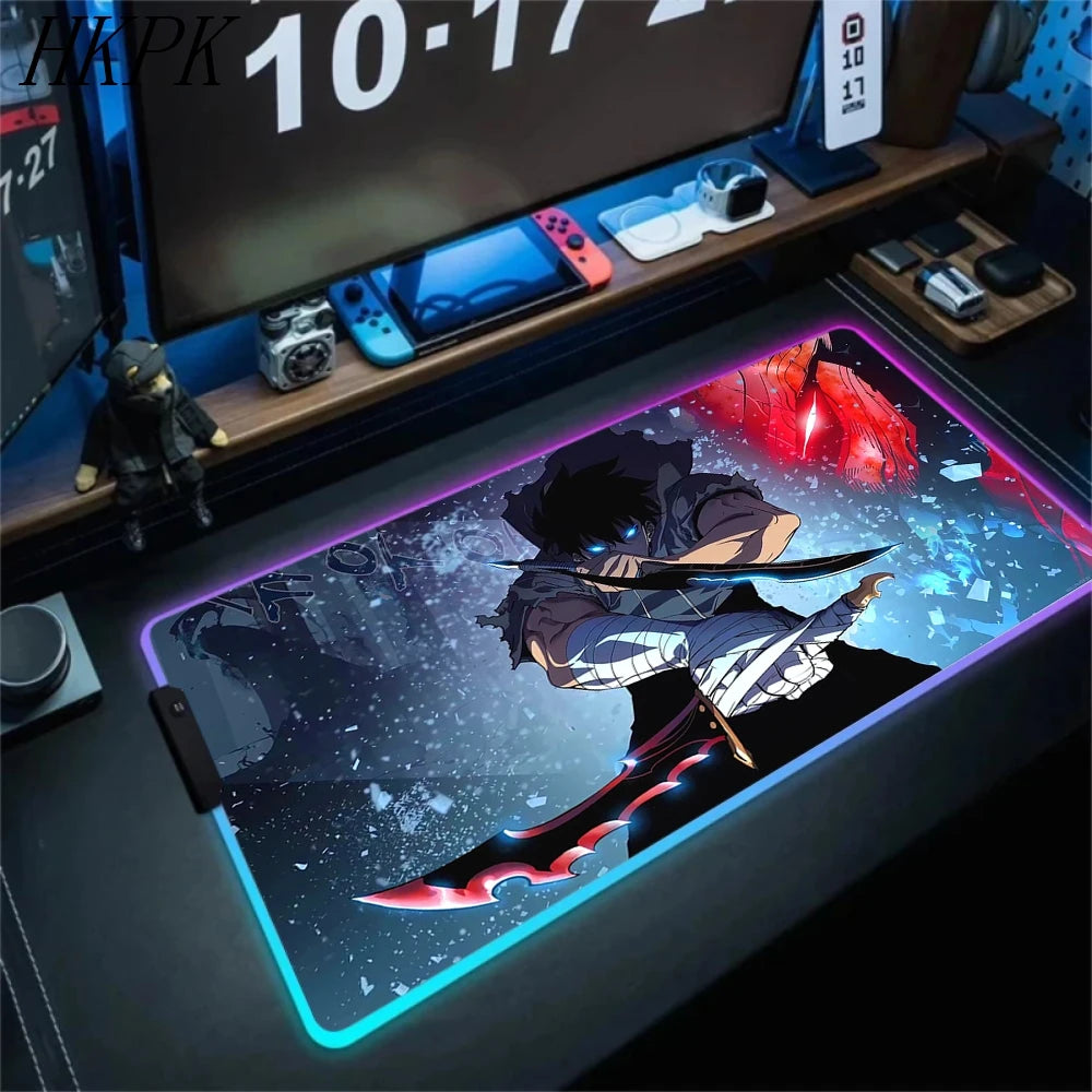 RGB Gaming Solo Leveling Mouse Pad Led Large Cool Mousepad Keyboard Carpet Xxl Game Rubber No-slip LED Mouse Mat With Backlight