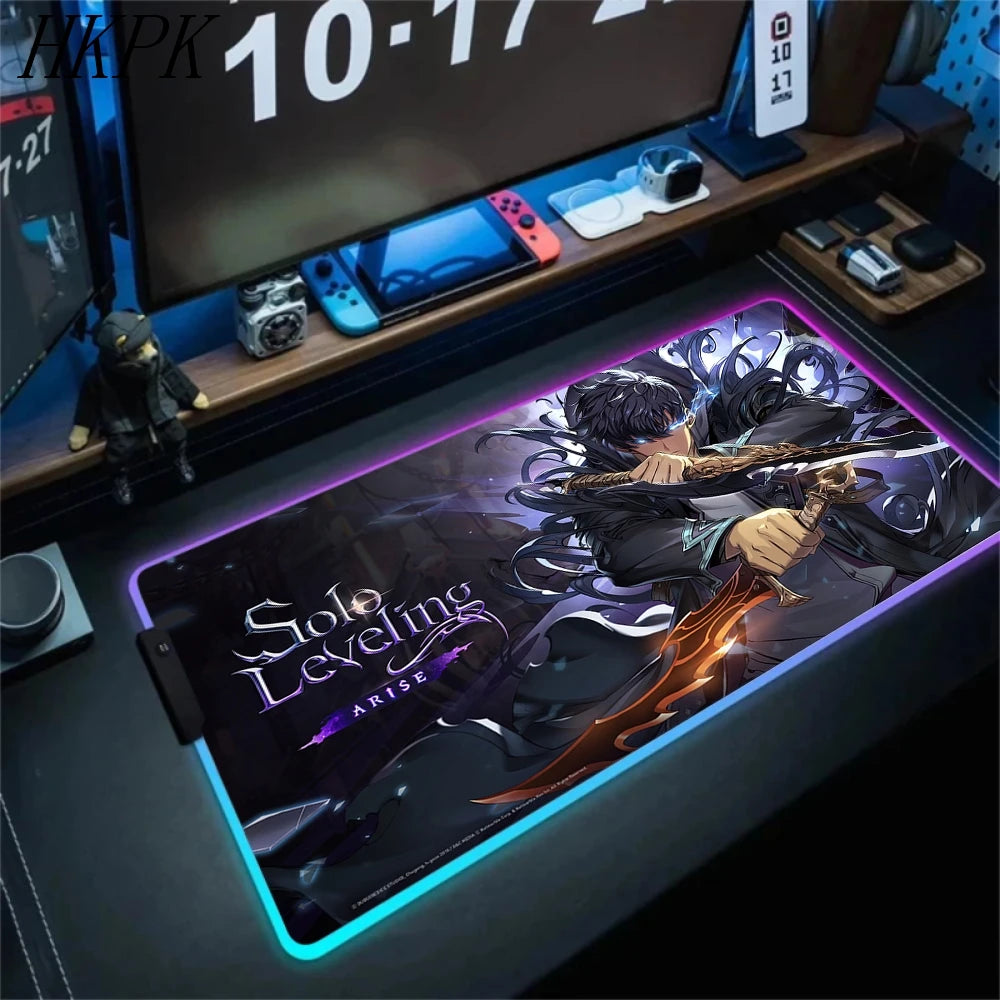 RGB Gaming Solo Leveling Mouse Pad Led Large Cool Mousepad Keyboard Carpet Xxl Game Rubber No-slip LED Mouse Mat With Backlight