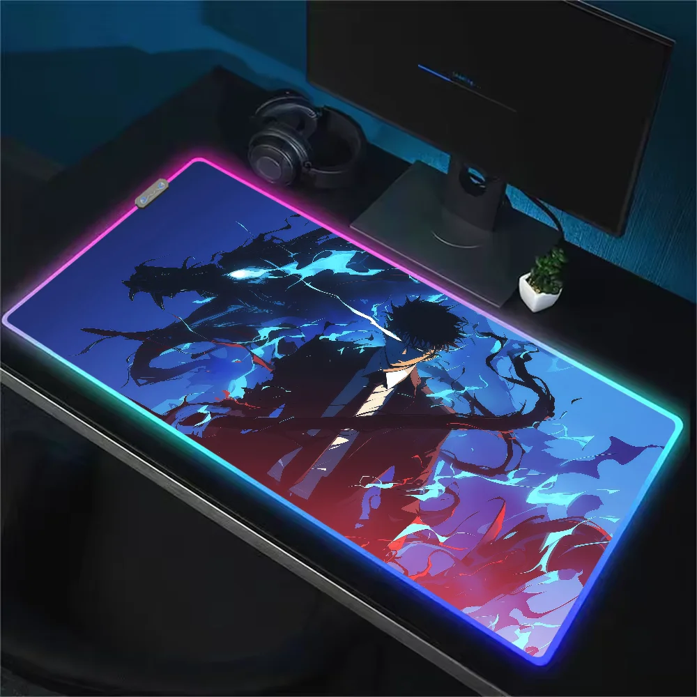 Solo L-Leveling Anime Jin woo Mouse Pad RGB LED Light Non-Slip Rubber Base Waterproof PC Home Best Price Desk-Mat USB Large Game