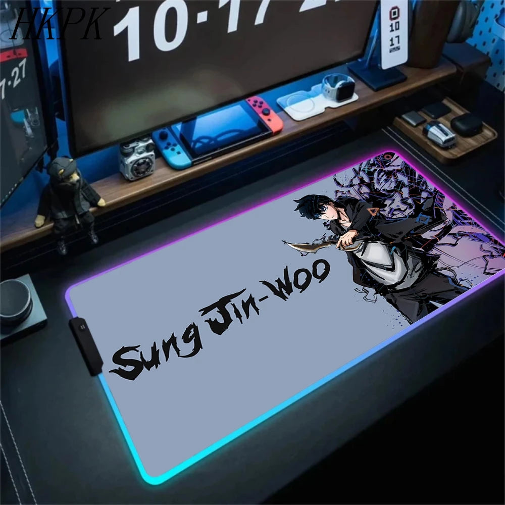 RGB Gaming Solo Leveling Mouse Pad Led Large Cool Mousepad Keyboard Carpet Xxl Game Rubber No-slip LED Mouse Mat With Backlight