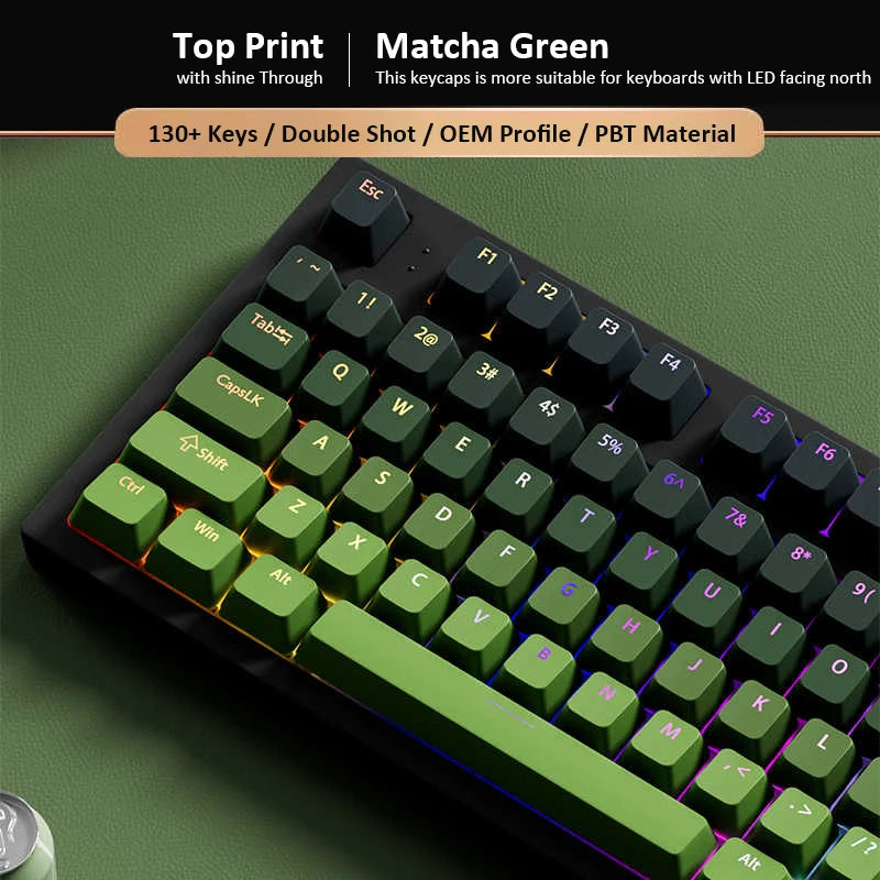 130+ Keys Matcha Green Double Shot PBT Keycaps Shine Through Keyboard Keycaps OEM Profile for Cherry MX Switches Gaming Keyboard