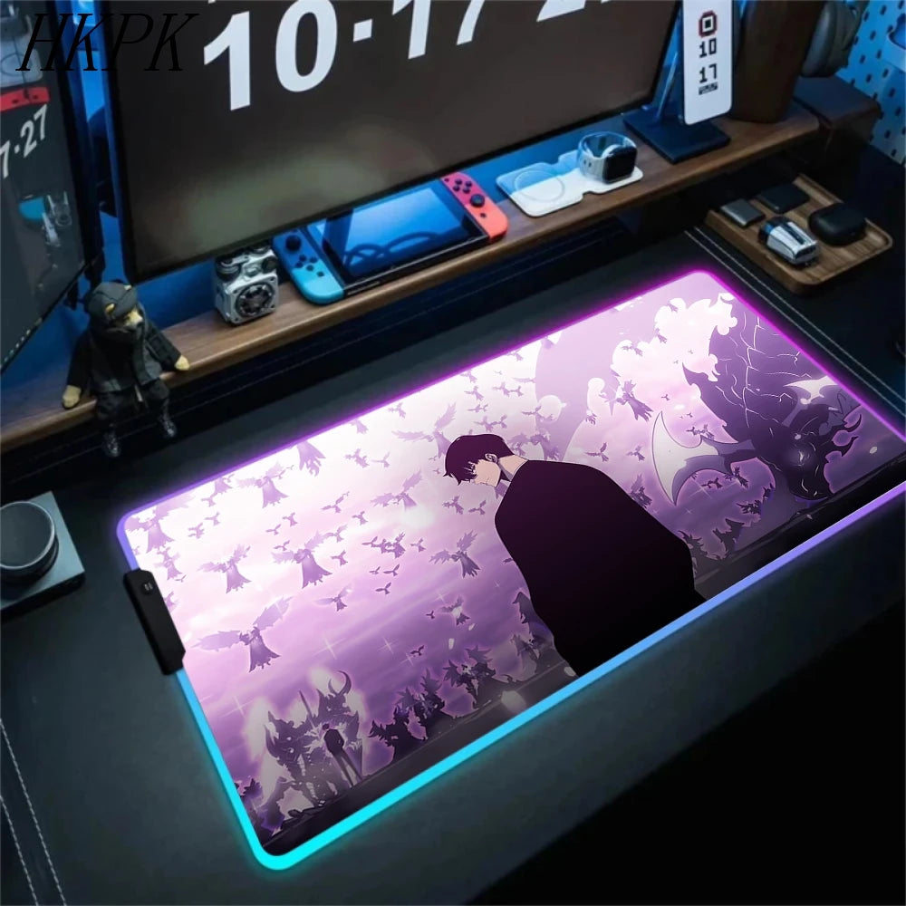 RGB Gaming Solo Leveling Mouse Pad Led Large Cool Mousepad Keyboard Carpet Xxl Game Rubber No-slip LED Mouse Mat With Backlight