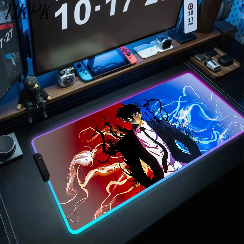 RGB Gaming Solo Leveling Mouse Pad Led Large Cool Mousepad Keyboard Carpet Xxl Game Rubber No-slip LED Mouse Mat With Backlight