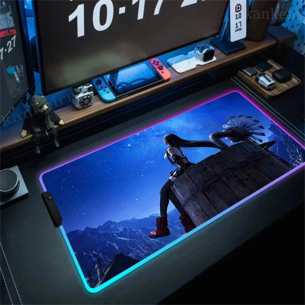 Gamer Computer Mousepad Final Fantasy 7 Gaming RGB Mouse Pad Backlit Mausepad Large Mousepad for Desk Keyboard LED Mat 900x400