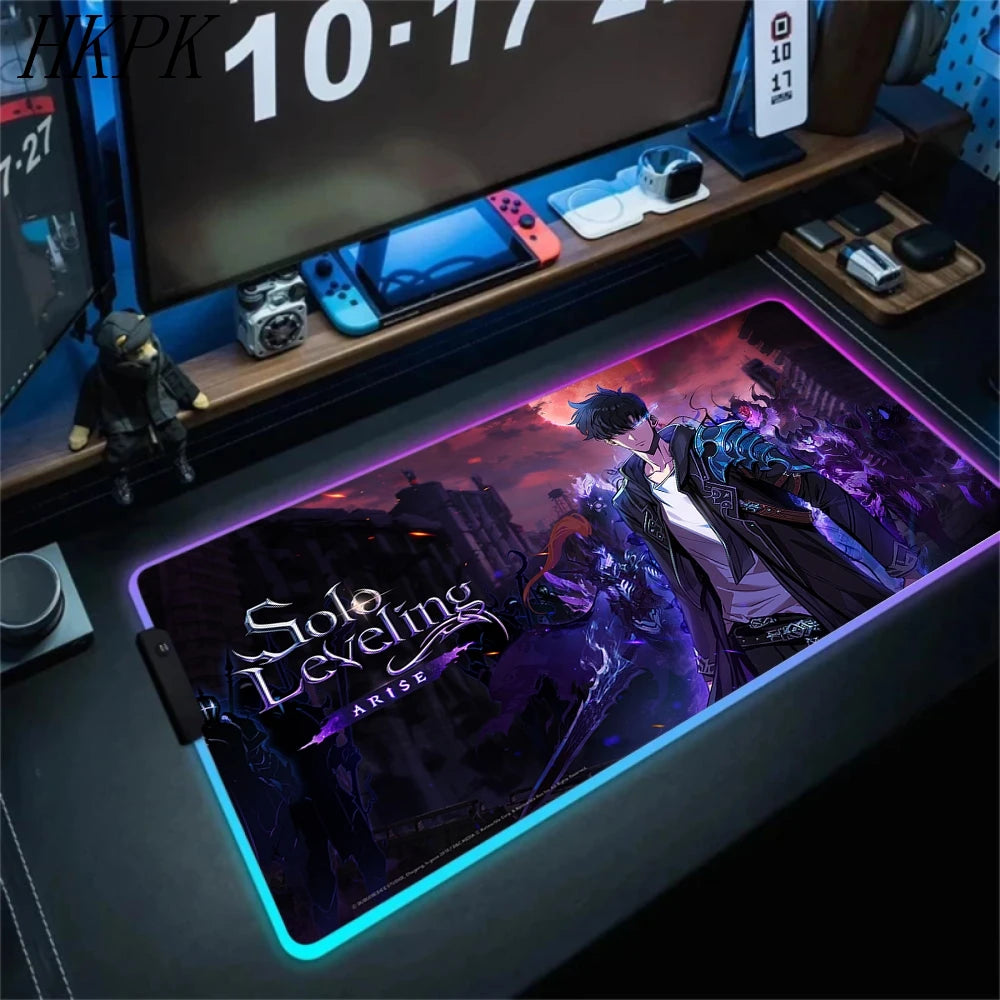 RGB Gaming Solo Leveling Mouse Pad Led Large Cool Mousepad Keyboard Carpet Xxl Game Rubber No-slip LED Mouse Mat With Backlight